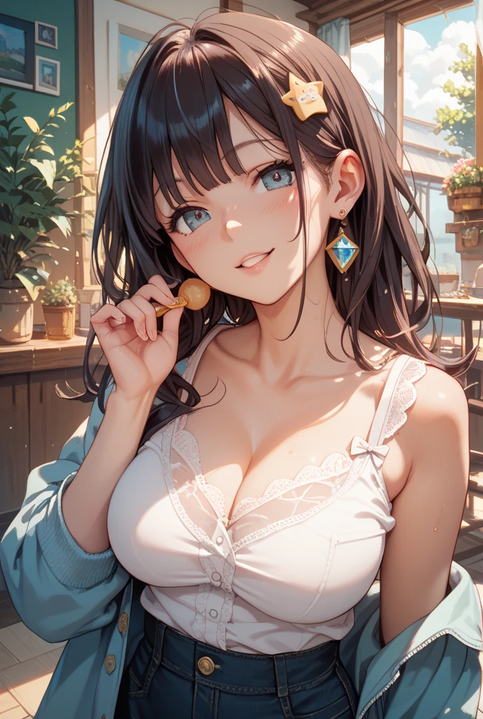 ((NSFW:1.2)),(masterpiece:1.2, highest quality), (Realistic, photoRealistic:1.4), Beautiful illustrations, (Natural Side Lighting, Cinema Lighting),Looking at the audience, Face Focus, 1 female,Perfect Face, Perfect body, Symmetrical cute face, Shiny skin, Baby Face, Big Breasts:1.4, Purple Eyes, Captivating thighs:1.2,thin,((Leaning forward)),Beautiful Hair, Beautiful Face, thin and beautiful eyes, Beautiful clavicle, Beautiful body, ((Pointy and beautiful)),Beautiful thick thighs, Beautiful legs, Beautiful fingers, White short sleeve shirt,Short skirt,(Peering into the viewer with a blushing smile),At the coffee shop,Sit on a chair,Low - Angle