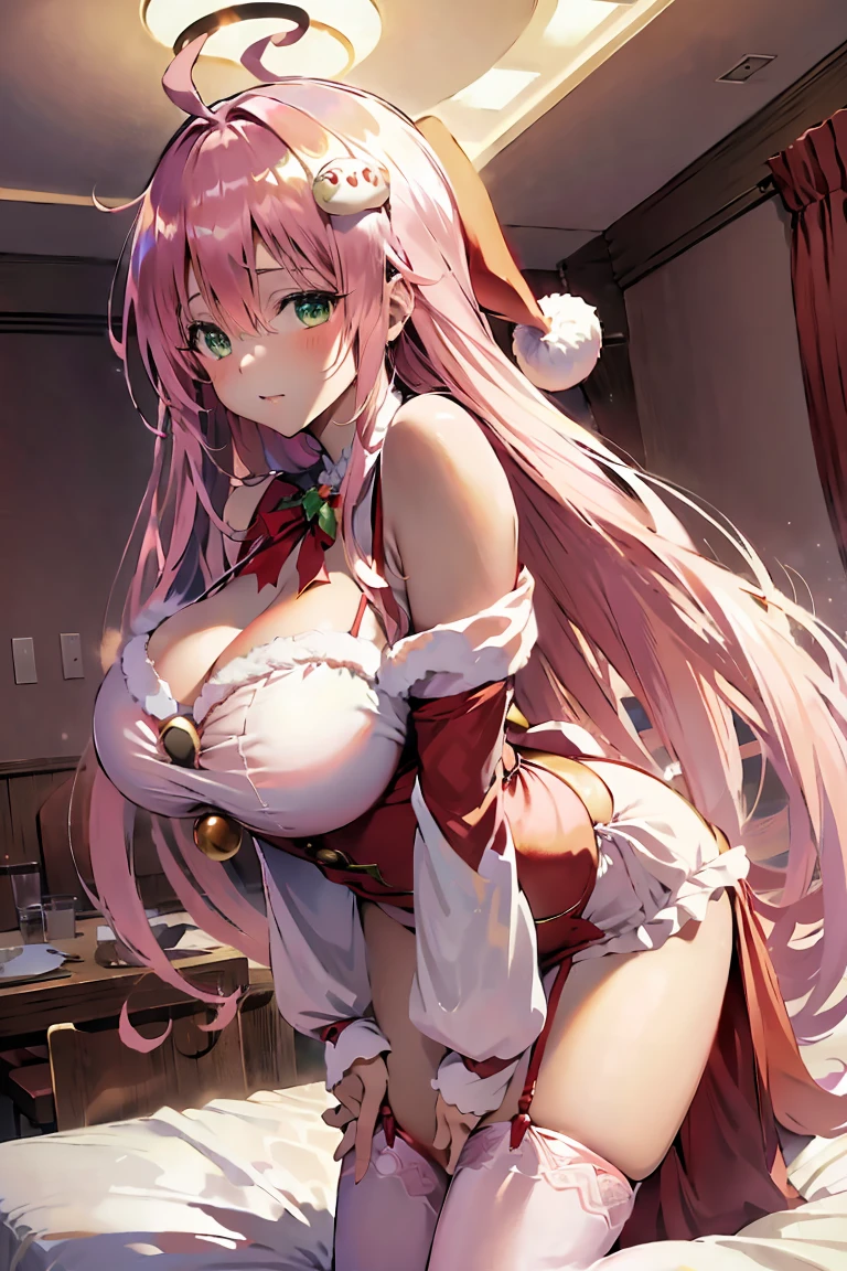 (masterpiece:1.5), (photorealist), (bestquality), (highlydetailed), (ultra-detailed), (1girl:1.2), ((solo girl)), ((full body is shown)), ((sexy and slim hourglass figure)), ((ginormous breasts)), ((thick thighs)), ((thick ass)), (coral hair), ((pink fox ears)), ((pink hair highlights)), ((long spacebun hair)), (wavy hair), (shiny hair), ((she is posing near a christmas tree)), ((wearing sexy christmas dress)), ((christmas hat)), ((gifts behind her)), ((best composition))