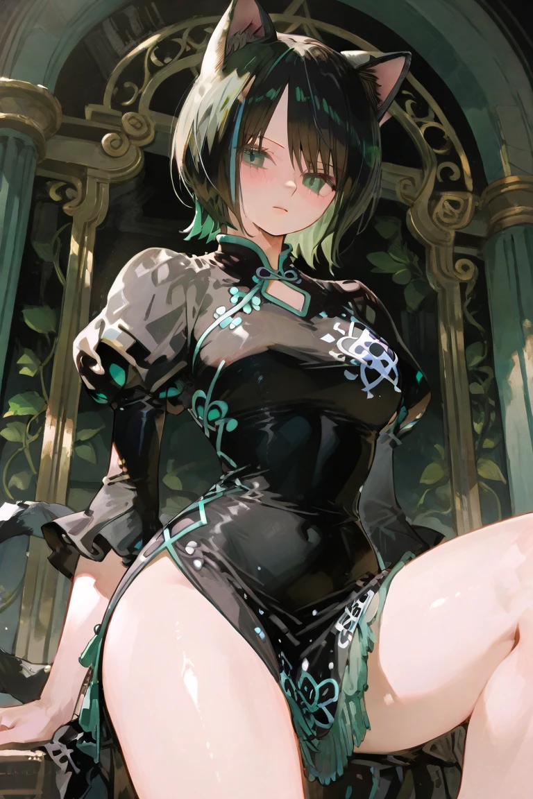 a cute yuna (cosplay of Tatsumaki, foam green hair, sexy slinky black iconic dress, high split up thighs (panties partly exposed)), she is looking annoyed while doing sexy poses, ruined city set