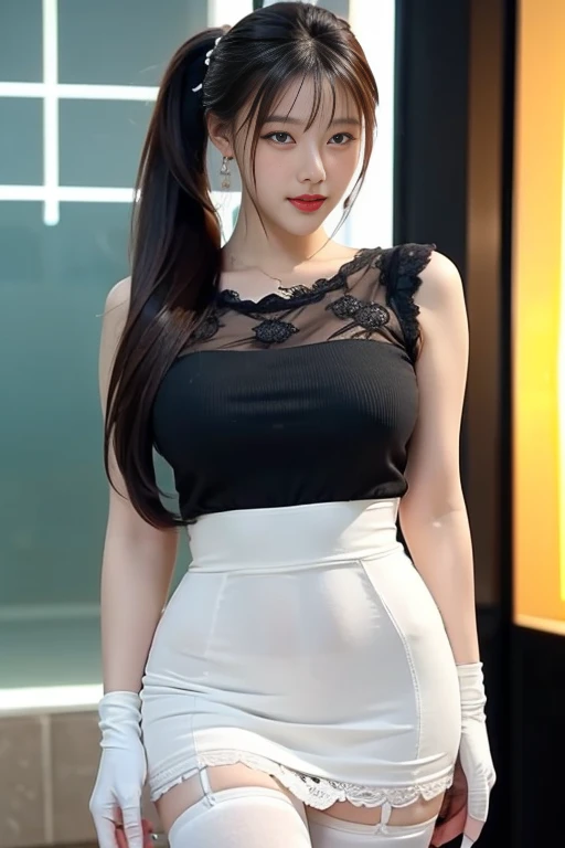(8k, UHD, best quality, highres, award winning, high quality, high details, super detail, textured skin, anatomically correct, masterpiece, ccurate, retina), Korean female model, Height 175 cm, perfect bodies, Long legs, wavy and long hair, Wearing 0D pantyhose, full lenght shot, (((full body: 1.5))), Sexy pose, Draped skirt, Dressed in black lace, The whole body in black, Thin stockings, tightly dress, tightly mini skirt, tightly v-neck shirt, shirt with a collar, ray tracing