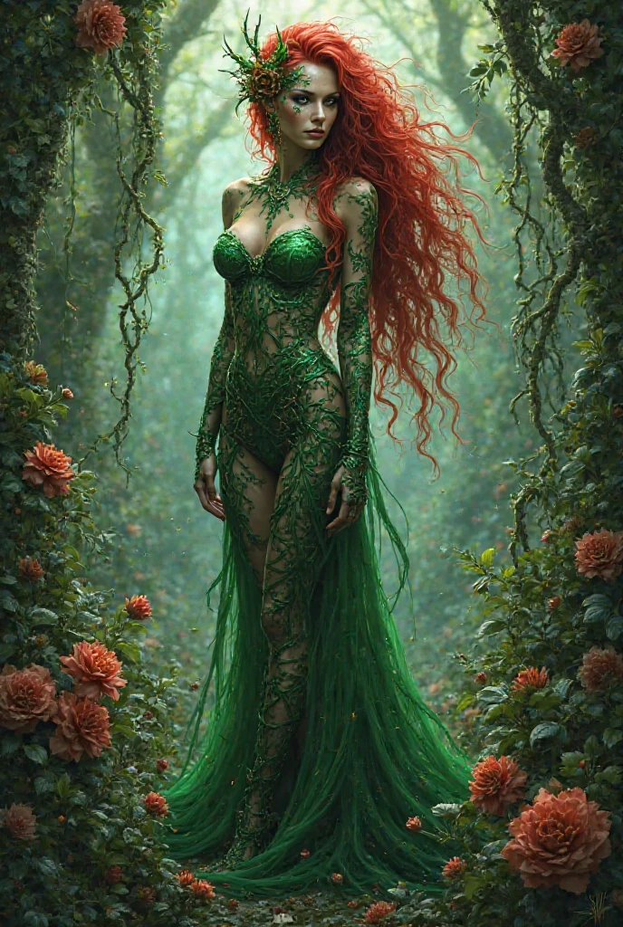 Sexy pregnant goddess of nature and fertility, cleavage, (green dress created by vines leaves and plants:1.4), ring earrings, gold pendant necklace, pregnant, full body shot, sexy pose, long luscious light orange red hair, laying on the ground in a puddle of water