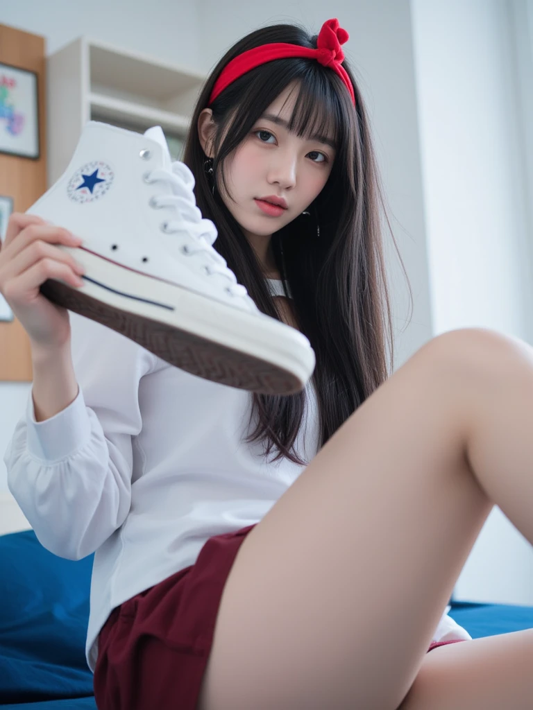 Super beautiful beauty,JK plaid skirt,sit on a bed,white legwear,White shoes,huge tit,Hyper Real,Highest image quality,tmasterpiece