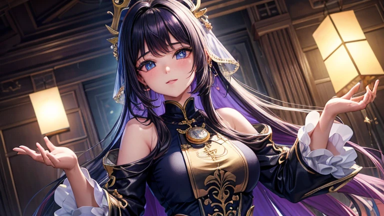 1 mature woman,,(Highest quality,Extremely detailed depiction,Incredibly absurd high resolution,Anatomically accurate depiction,Curvy Legs),(Glowing Skin,Shiny skin),(Glowing Skin,Shiny skin,Oilskin),(Sexy fortune teller),(A face veil that hides the mouth:1.3),(Luxurious accessories,Earrings,necklace,Bracelet,Long gloves,Sexy Costumes,See-through,black tights),eyelash,A little sweat,(Purple Eyes,Detailed pupil,Half-closed eyes:1.3,Crazy Eyes,There is cleavage in the chest,Bewitching Smile,glossy purple lipstick,Lips are apart,),Sitting in a chair,(Showing off a mysteriously glowing crystal ball),background：Fortune Telling House,Mysterious atmosphere