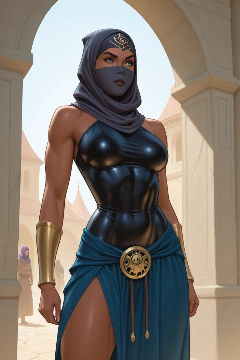 Male arab warrior, medivial, black short balaclava, black bandage, black clothes, thin waist, skinny body, femboy, light skin, makeup, black eyeliner, big eyelashes, black eyeshadow, metal choker, light skin, random blond milf on her knees