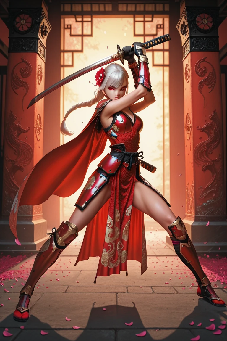 ((masterpiece)), (((best quality))), ((ultra detail)), ((illustration)), ((semi-realistic)), (reflections), sharp focus, front lighting, intense shadows, (beautiful detailed eyes), eyelashes, (extremely delicate and beautiful girl), ((red eye)), silver hair, (jacket), (trousers), long hair, (wielding a katana), ((detailed eyes)), ( cold-blooded), big chest, cleavages, shiny skin, cinematic lighting mask, ray tracing, depth of field, dynamic angle, looking at the viewer, ((epic background)), (blood on the face 1.2), (difficulty 1.4), highly detailed fingers, highly detailed hand, highly detailed full body, highly detailed face and eyes, fully body views, standing, high detail legs, highly detailed thighs, standing on water, highly details breast, cleavages, separate legs, wet body, wet hair,