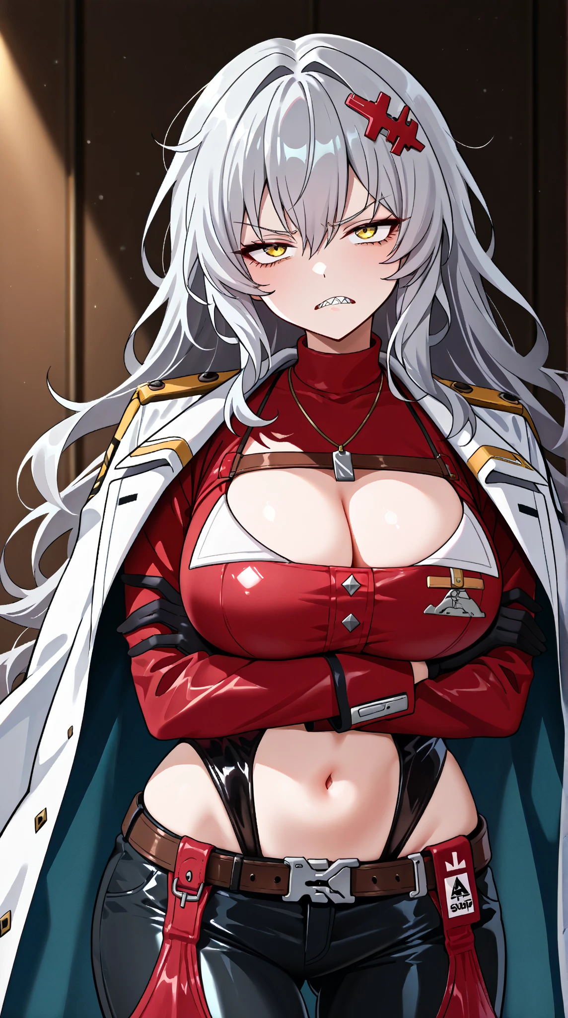Tall, slim, She has long grey hair tied back in an enormous, messy ponytail that reaches down to her thighs, some of her hair is covering one of her eyes, She wears a red jacket over a light red full-body suit, golden eyes