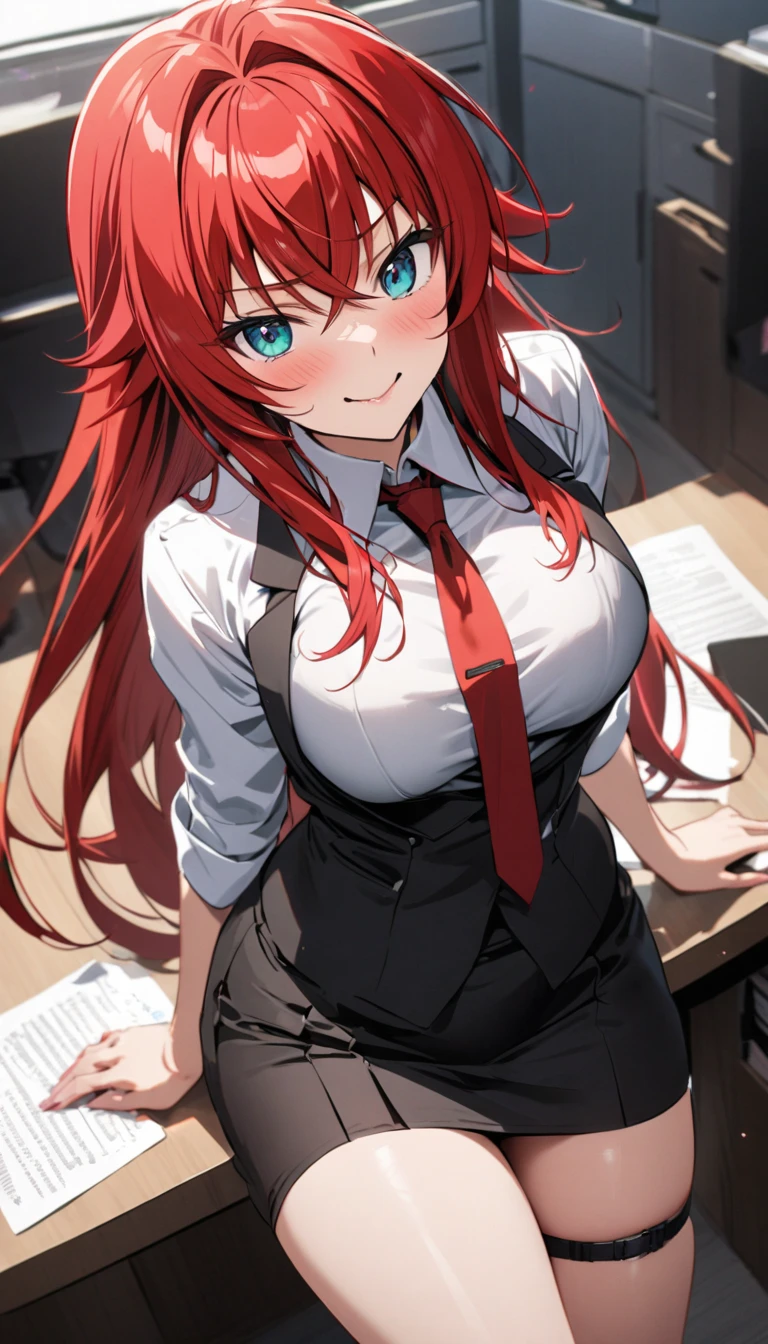 Himeko, 1girl, solo, ((white shirt)), black thighhighs, breasts, cleavage, uniform, office background, black skirt, ((pleated skirt)), office, hair between eyes, large breasts, long hair, looking at viewer, red hair, red short nails, golden eyes, solo, thighhighs, thighs, very long hair, ((masterpiece)), sitting, chair, desk, computer on desk, name tag, id tag, indoor, smile, ((blush)), shy, sexy pose,