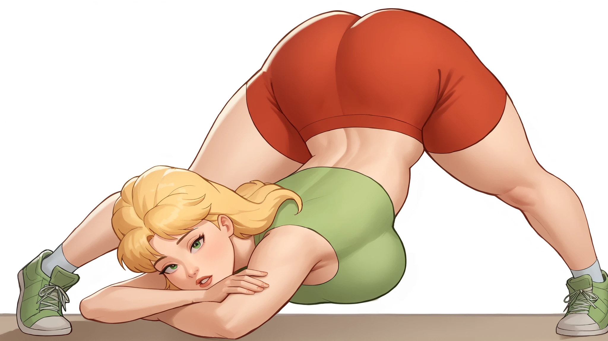 score_9,score_8_up,score_7_up,1girl, :o, absurdres, , large breasts, commentary_request, blonde hair, highres, jack-o'_challenge, korean_commentary, chunky body, legs, long_hair, meme, parted_lips, small green top, midriff, micro red shorts, luanne platter \( king of the hill\), shoes, simple_background, sketch, sneakers, solo, top-down_bottom-up, unfinished, white_background, perfect anatomy, wide stance,