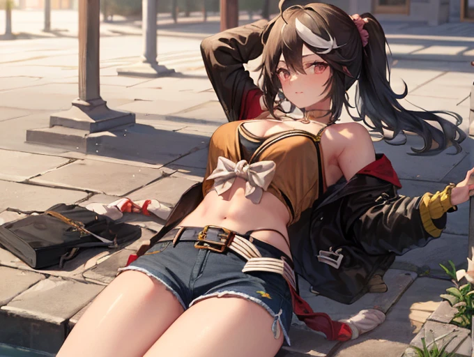 (((Perfect photo))), One Girl, alone, , Azusa Nakano, , Jacket, View your audience, smile、((濡れたBetween the legs)), SFW with hidden breasts, Big ample breasts!, SFW Big, Beautiful and seductive anime woman, Big ample breasts!!, Bust ratio adopted, Highest quality, Official Art, Best Anatomy, ((Super shiny bike shorts,:1.5))、Glowing Skin、Cowboy Shot, (From belowの超クローズアップ)、(((From below、Between the legs,Focus the head, chest and legs in the center of the screen.:1.8)))、Ultra gloss body paint、(((lying on your back on the grass)))