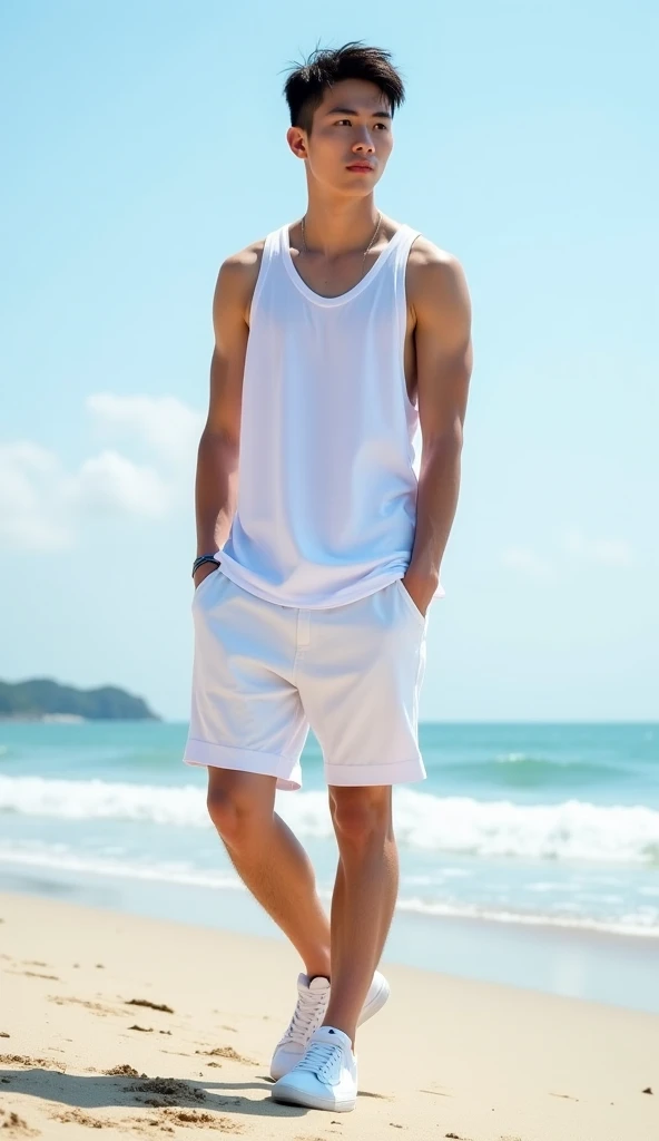 Young handsome cute tall white man on the beach with pool ball in his hand