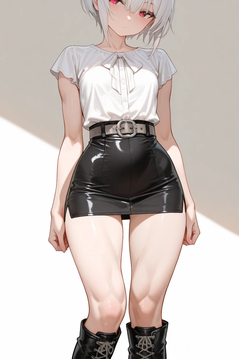 ((masterpiece)),(((Highest quality))),((Reference Sheet, Character Design, front, return, ~ ~ ~ ~ side, Mr....々Hairstyle, Mr....々performance, Facial Expressions)), 14-year-old girl, Cute type, (Very slim:1.4), (Very small ass:1.4), Realistic buttocks, (Big Breasts:1.3), Short Bob, Thin thighs, Long legs, It's not a big deal,、White T-shirt、Black leather skirt、Knee-high boots