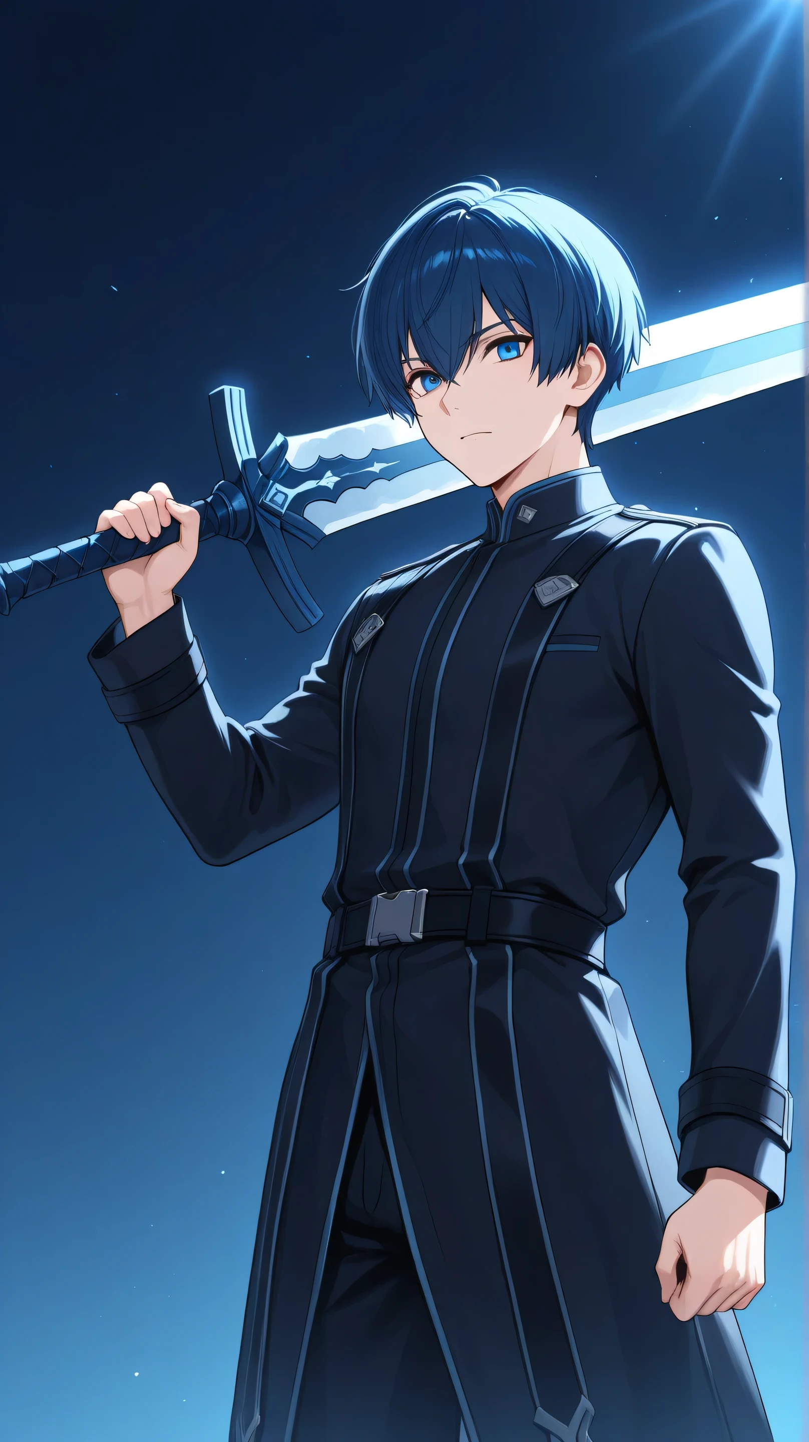 men ,blue short hair, blue eyes, uses big sword front view black clothes