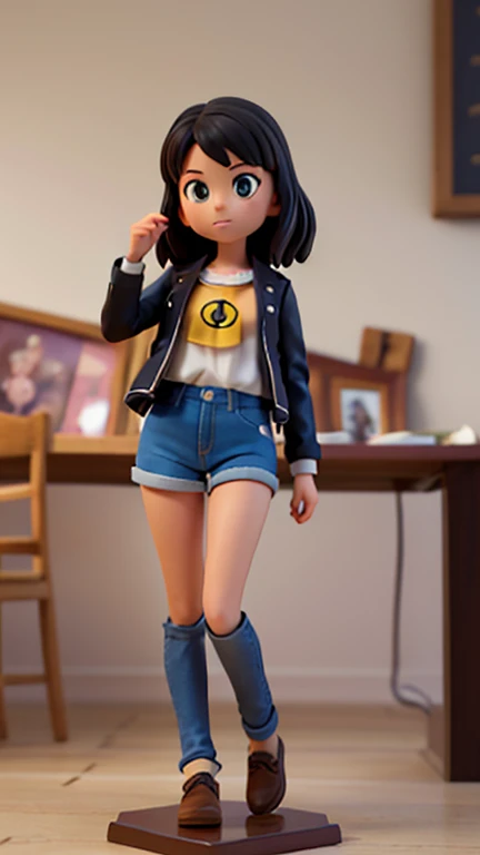 (3DMM style, masterpiece, best quality, intricate details) A lonely girl, playing Pokemon music, with a bow headband on her head, wearing a printed shirt tie shirt and black tights, cartoon bottoms, single gloves, printed shorts and knee pads, barefoot, denim style shooting, eyes on the audience.