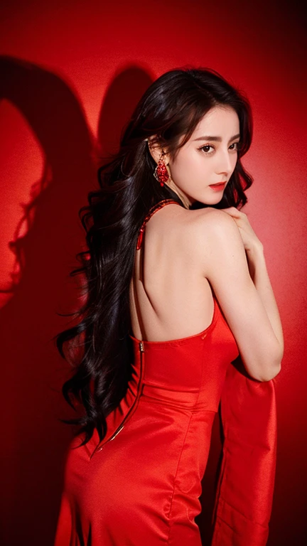 Ultra HD resolution,artistic photos,Photography,21year girl,earrings,long hair,Red background,Black backless dress,necklace,cowboy shot,H cup,Showing cleavage,Expose more breasts,Amazing breast size,Bigger breasts,Smooth and beautiful back,Completely bare back,Cold white skin,Buttocks are big