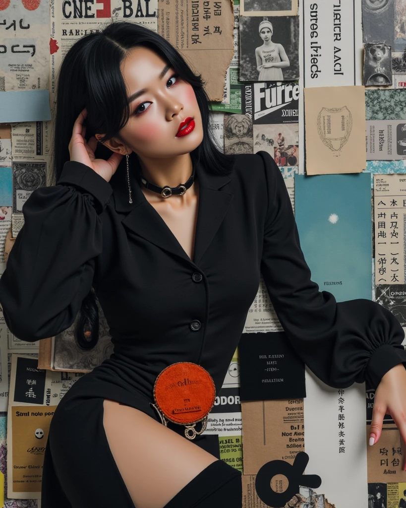 there is a woman sitting on a bench holding a knife and a bag, Camisa cropped com jaqueta, vestindo um terno nobre preto, Cai Xukun, menina em um terno, menina no terno, black business suit, Wearing Black Business Suit, jia, cruel korean goth girl, inspirado por Wang E, Todas as roupas pretas cyberpunk, iu lee ji-eun as a super villain