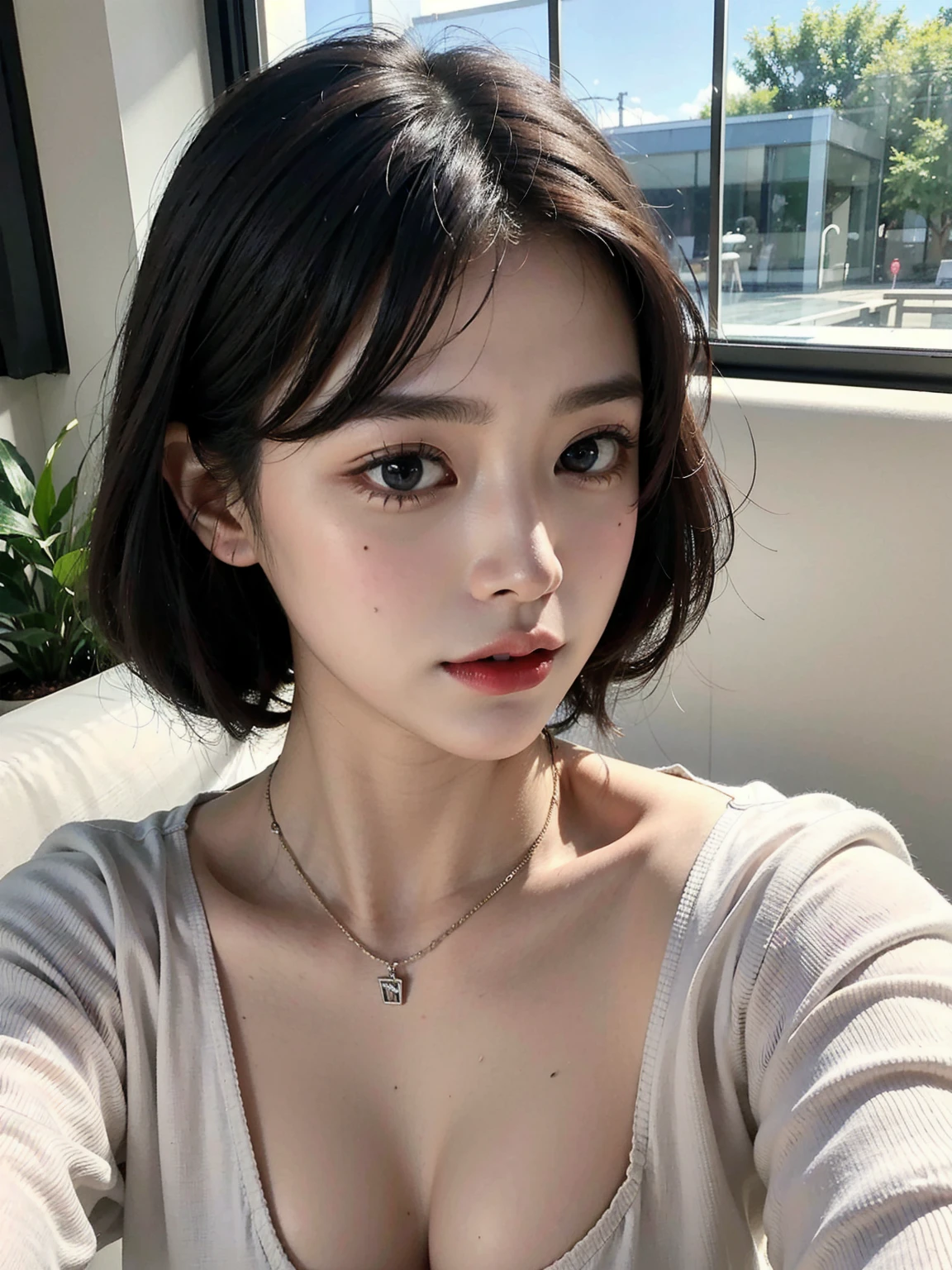 1 Rotation, Black hair, Short hair, Shiny hair, long eyelasher, Crystal earrings, Earrings, Verism, Cinematic lighting, Fuji colors, tachi-e, croped, One-person viewpoint, Nikon, 135 mm, f/1.8, 8K, 4K, hdd, 1080p, A high resolution, Best quality, awardwinning, High quality, High details, Super detail, Textured skin, Anatomically correct, ccurate, masutepiece, retinas, NFFSW,vests