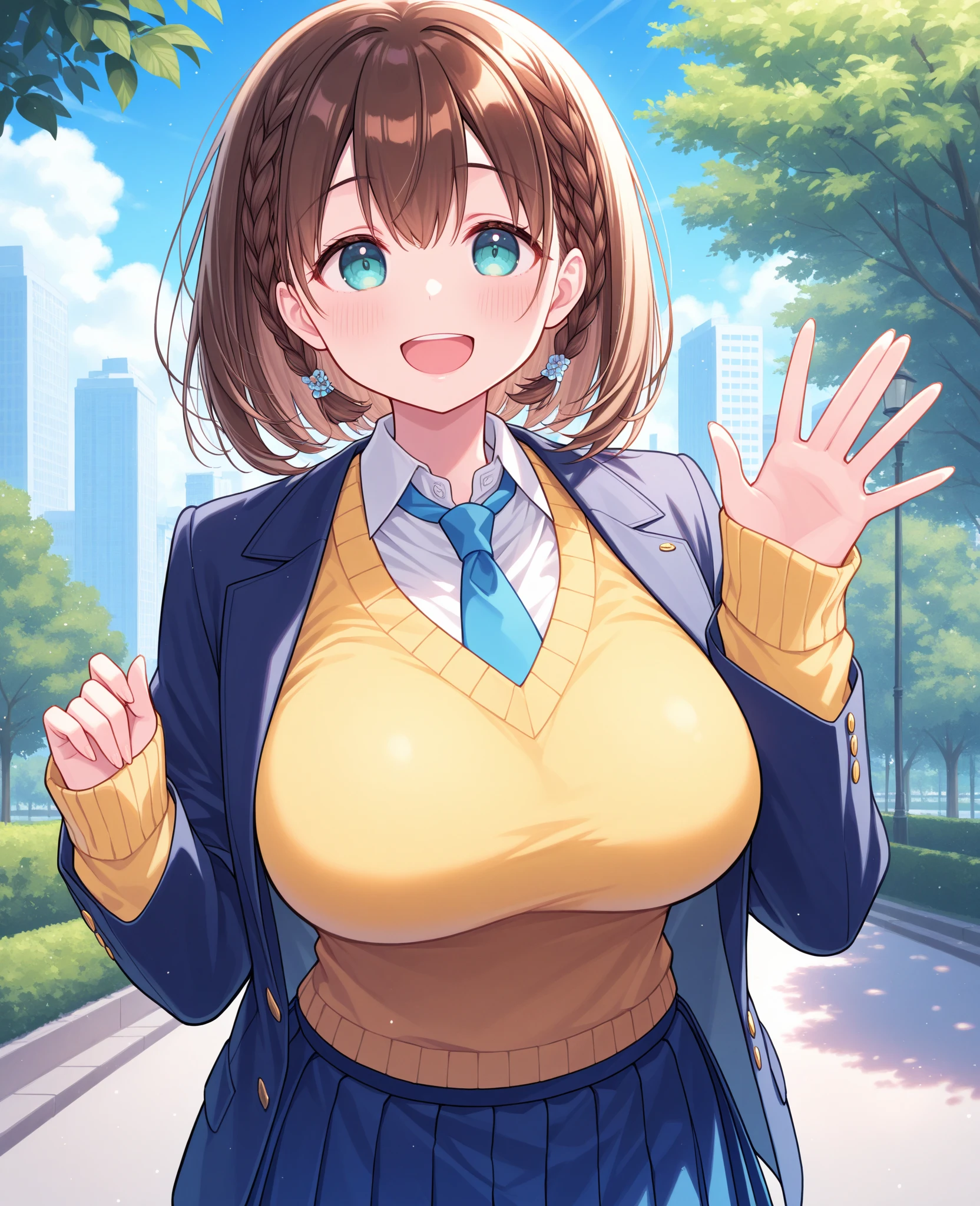 score_9, score_8_up, score_7_up, score_6_up, source_anime, BREAK 1girl, solo, aichan, brown hair, cyan eyes, braid, blue blazer, yellow sweater vest, blue necktie, blue skirt, pleated skirt, large breasts, looking at you, happy, blue sky, tree, city, waving