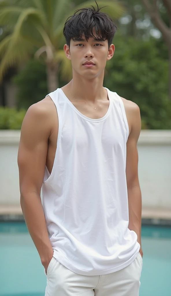 Best Quality, Ultra High Resolution, (Realistic:1.4), Masterpiece, Blurred Background ,Muscle, Solo, 1 Boy, Young Man , Standing, White Skinned Without Top, Posing, Facial Focus, Smile, Shut Up,