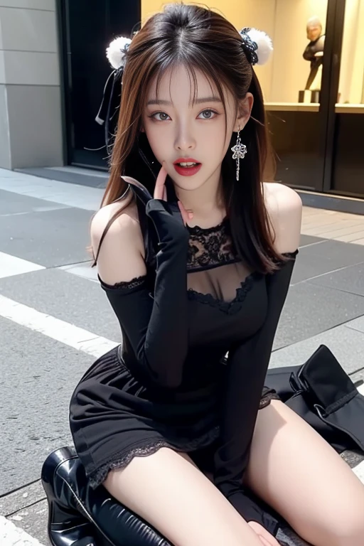 (1 Korean star with royal sister style), ((Best quality, 8K, 巨作: 1.3)), focal point: 1.2, Perfect body proportions: 1.4, (Make a smile), (Sunset: 1.3), Watery eyes, Highly Detailed Face and Skin Textur, Fine eyes, Double eyelids, Whitens the skin, (long whitr hair, Air bangs: 1.3), (Round face inches: 1.5), (black lence stockings)(Black slip dress long leg 1.4), Real full-body photos)(Sketch 1:2,) (Half sitting on the playground,baiyun,suns,The scenery is exceptionally beautiful)looking down on the camera