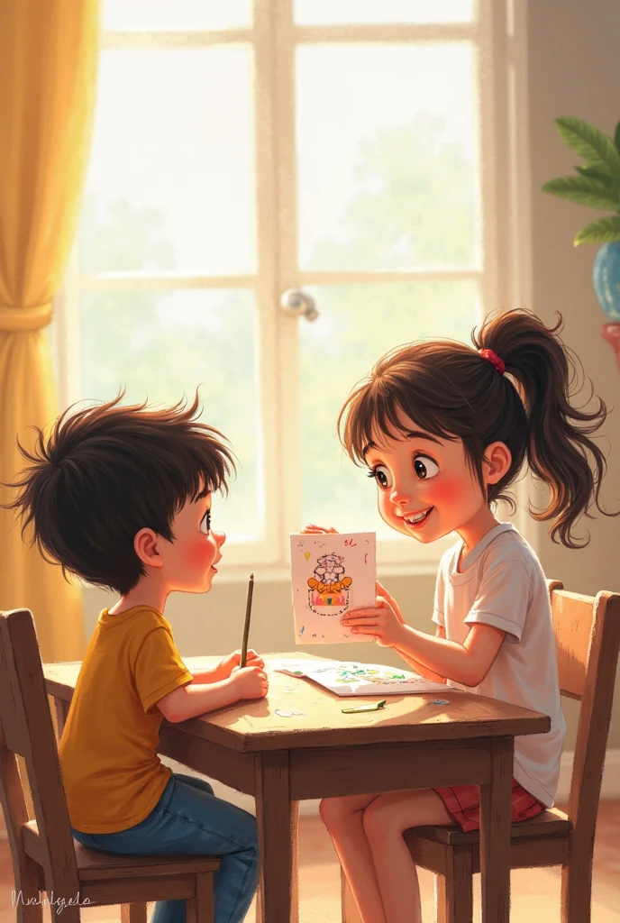 Siblings of different ages sharing a play or study space respectfully, helping each other.