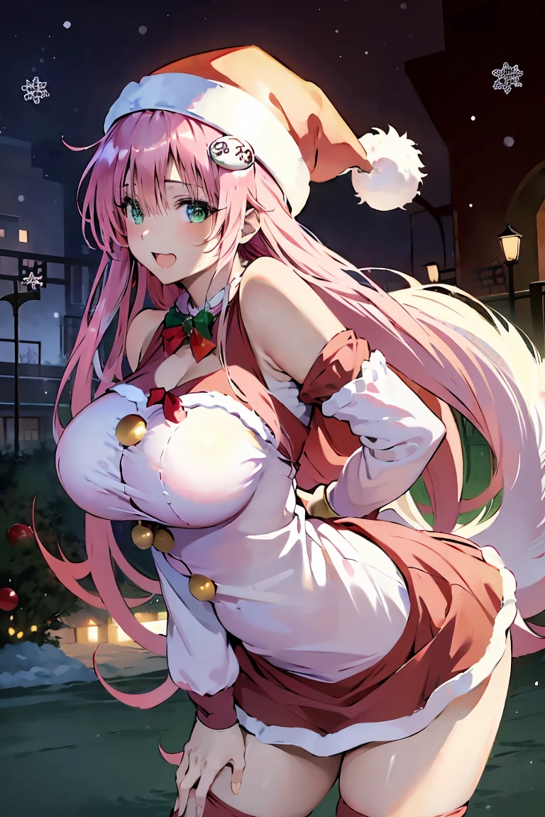 highest quality、All limbs、full finger、Slender beauty、straight hair woman、((Woman with pink hair))、medium hair woman、(Beautiful busty woman:1.3)、santa claus costume、(red santa claus leotard)、Red Santa Claus Hat、red santa claus cloak、brown pantyhose、 Street trees at night、Christmas tree、Christmas illumination、winter scenery、big smile、naughty pose、hands on hips