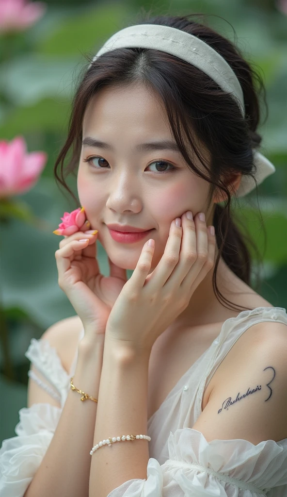 (8k, RAW photo, highest quality, masterpiece:1.2), ultra detail, ultra high resolution, (photorealistic, photorealistic photo:1.37), portrait, high detail RAW color photo, professional photo, super colorful photo, extremely delicate and beautiful, extremely detailed, 8k wallpaper, amazing and detailed detail, huge file size, official art, highly detailed CG unity 8k wallpaper, 1 korean girl, very detailed beautiful girl, very detailed face, very detailed eyes, Big black eyes, very detailed skin, very detailed nose, very detailed mouth, perfect anatomy, arm back, very pretty face, smile, oriental style, dark brown hair, dark makeup, short ponytail, big breasts, wide buttocks, (((girl all nude))), camera upwards, a slightly turned position, upper body portrait photo, {cute 20 year old girl}, hands down, 5fingers per hand, no overlapped hands, no extra hands, no morr than 1hand, floral hairpin, colorful background, cowboy shot,