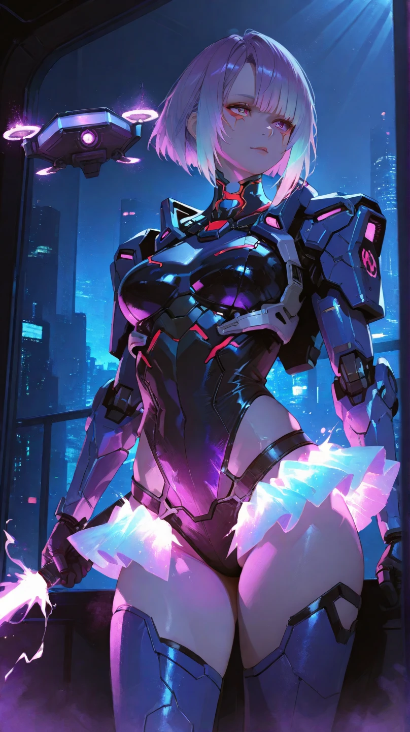Practical, Girl one, White hair, Purple Eyes, Shining eyes, Mecha suit, Gundam, Metal, Intricate details, Detailed neon lights, Open your mouth,