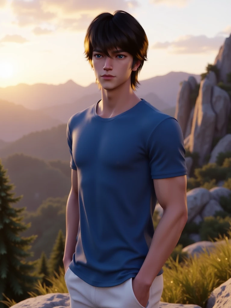 There is a young man with a handsome face and curly black hair and big blue eyes in a sunny forest, a thoughtful attentive expression on a handsome face, full-length, dressed in a simple gray shirt and old-style pants