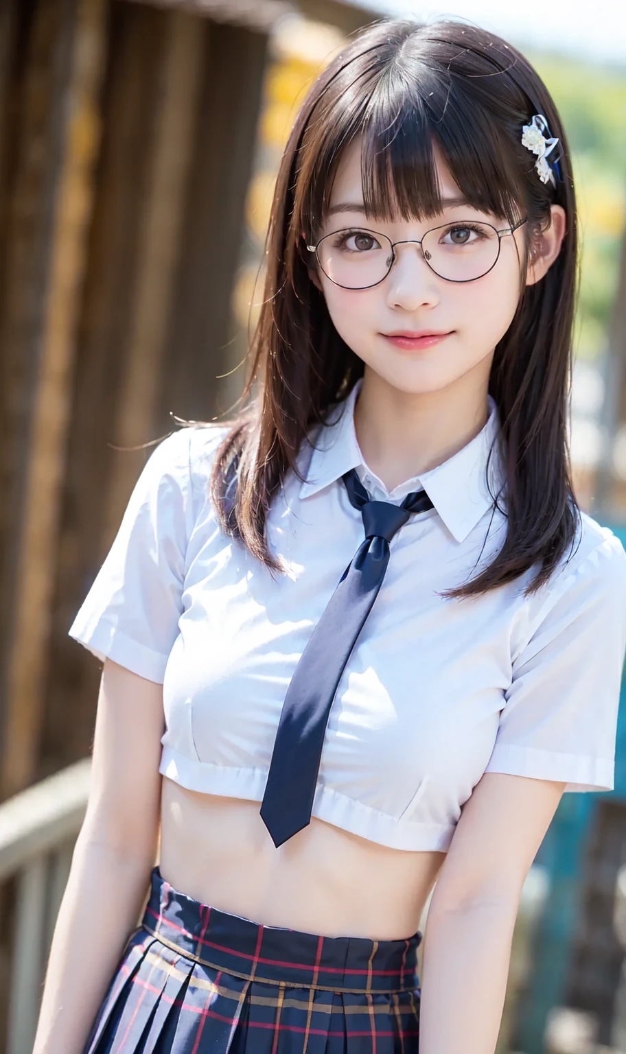 (8k, RAW Photos, highest quality, masterpiece:1.2), (Realistic, photo-Realistic:1.4), (Highly detailed 8k wallpaper), Sharp focus, Depth of written boundary, Boscinematic Lighting, Soft Light, Beautiful eyes in every detail,shiny smooth light brown Long Bob Hair, Asymmetrical bangs, Shiny skin, Highly detailed skin ,High resolution, Attention to detail, Detailed hairstyle, Attention to detailFacial beauty, hyper Realistic, Perfect limbs, Perfect Anatomy ,1 Japanese girl,Famous Japanese Idols, Perfect female body, Big Breasts,smile,short eyelashes,double eyelid,Long Bob Hair, (school uniform:1.3),(Mini Skirt Navy Mini Skirt), View Viewer, (Crowded street:1.3),Cowboy Shot、Undressing、Shiny nipples、Wet with 、Showing her boobs、smile、Glasses、((Big nipples))、