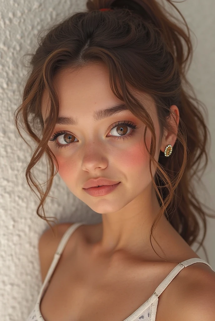 (best quality, 4k, highres, highres face details),18 yrs old, 1girl, solo, Instagram model, athletic figure, tan skin, perfect nose, perfect lips, fake lashes, modest bust size, deep cleavage, cute face, wearing an off the shoulder white shirt, midriff showing ,wearing jean shorts, brown hair, short curly hair, crossed bangs, brown eyes, constricted pupils, hair ribbon, hoop earrings, cinematic lighting, Ultra-Wide Angle, Canon, Hyperrealism, UHD, masterpiece, textured skin, high details, best quality, detailed eyes, detailed iris, full body image