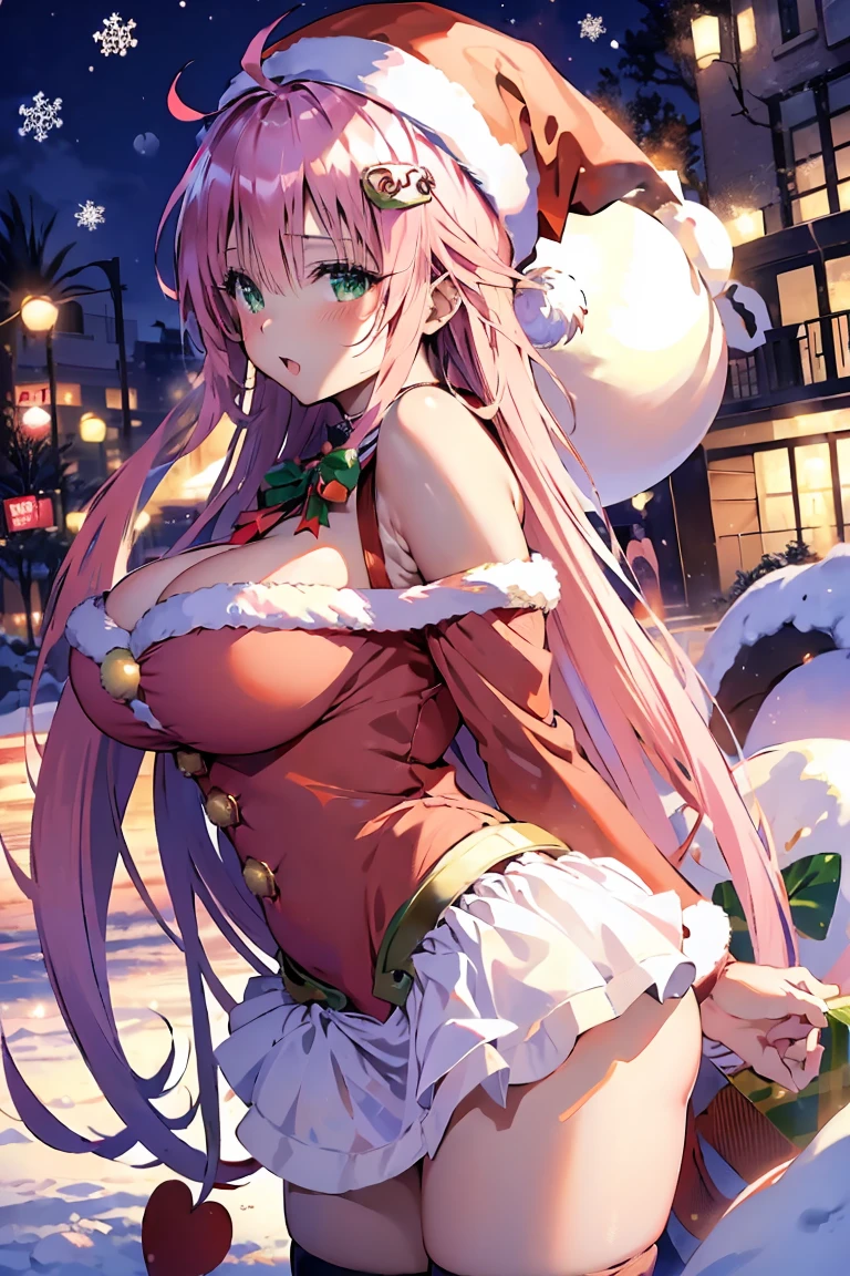 quality、image quality、masterpiece、Teenage girl((black santa costume、Santa style bikini、18 years old、 aging person、best bust、big bast,Beautiful light blue eyes open, A blonde、A slender one,Great Valley、Stain your cheeks red、Leaning forward、White breathing、Reflecting the whole body、laughingly、dances、seal)),High quality、beautiful art、Background with((crystal city night、snowflakes falling、heavy snowy、yukito、 tower model、A world filled with snow)))、On the table、depth of fields,1.5，