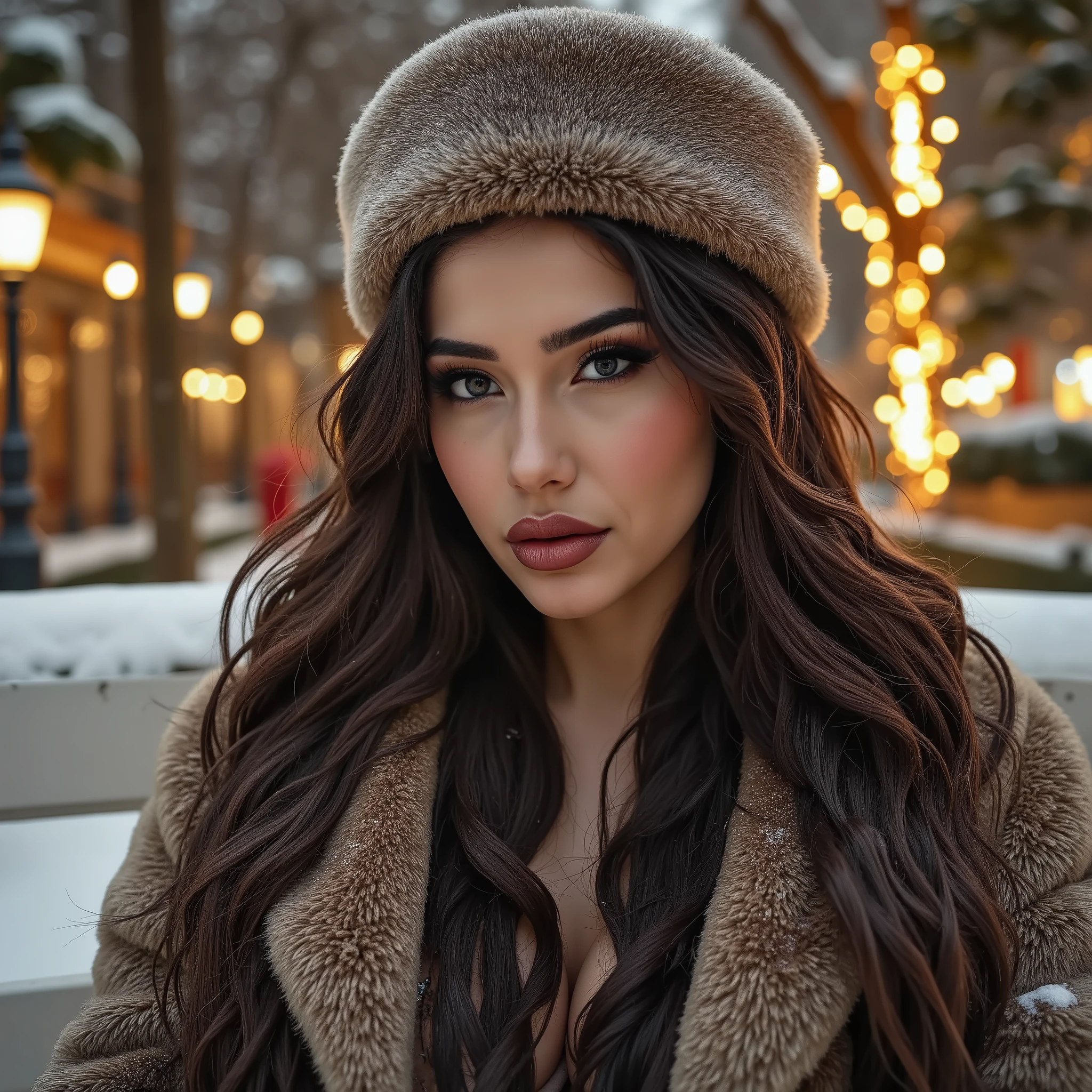 A female with dark hair and perfect dark eyes, wearing a fur coat and a fur hat, seductive, perfect subtle makeup, snowing, christmas lights, wet gouche, winter