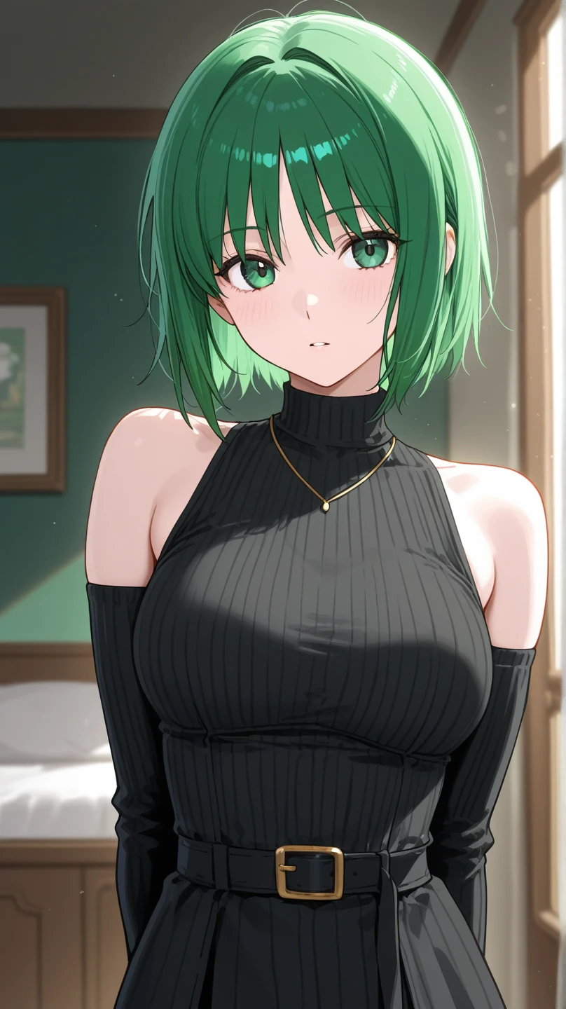 Girl with short green hair, Medium chest, Green eyes, wearing black casual clothes、Beautie、Mature、(tits out)