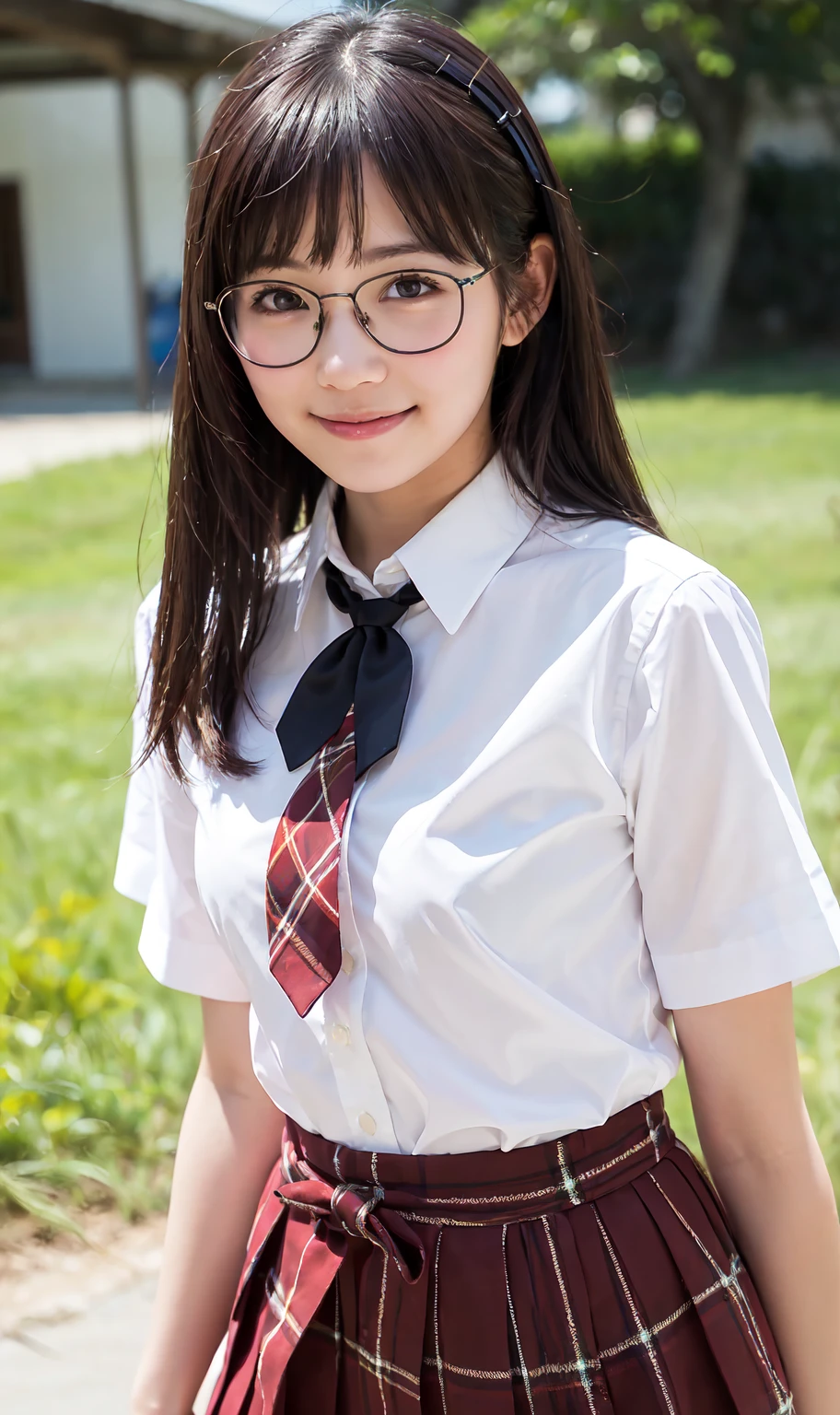 looking at viewer,high school girl,leaning forward,(random school uniform),(random Lively pose),(Thin type),(large breasts:1.2),(random hairstyle:1.2),(Highest image quality, (8K), Ultra-realistic, Best Quality, High quality, High Definition, high quality texture, high detailing, Beautiful detailed, fine detailed, extremely details CG, Detailed texture, realistic representation of face, masterpiece, presence),(wearing glasses:1.1)