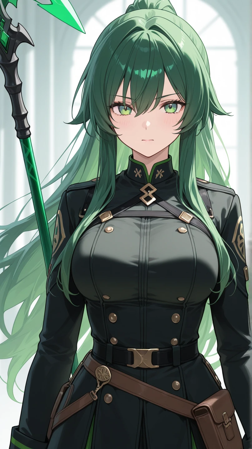 4K,hight resolution,One Woman,Green hair,poneyTail,Red Eyes,Colossal tits,Green cheongsam,long gloves of black color,Black boots,Japanese Katana Sword,Futuristic city