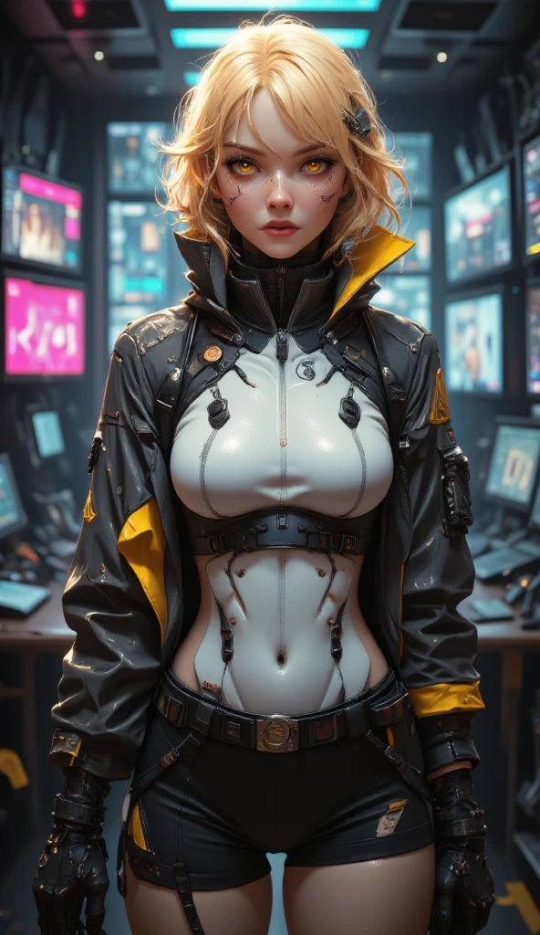 Best Quality)), ((Masterpiece)), (Very Detailed:1.3), 3D, Beautiful (Gold Cyberpunk:1.3) Female hacker, curly red hairstyle, big breast, thick hair, squatting on the florr, Head mounted display, operating computer terminals, computer servers, LCD screens, fiber optic cables, company logos, HDR (High Dynamic Range), ray tracing, NVIDIA RTX, Super Resolution, Unreal 5, Subsurface scattering, PBR textures, post-processing, anisotropic filtering, depth of field, Maximum sharpness and sharpness, multi-layered textures, albedo and highlight maps, surface shading, accurate simulation of light-material interactions, perfect ratios, octane rendering, duotone lighting, low ISO, white balance, rule of thirds, wide aperture, 8K RAW, efficient sub-pixels, subpixel convolution, luminous particles, dynamic pose