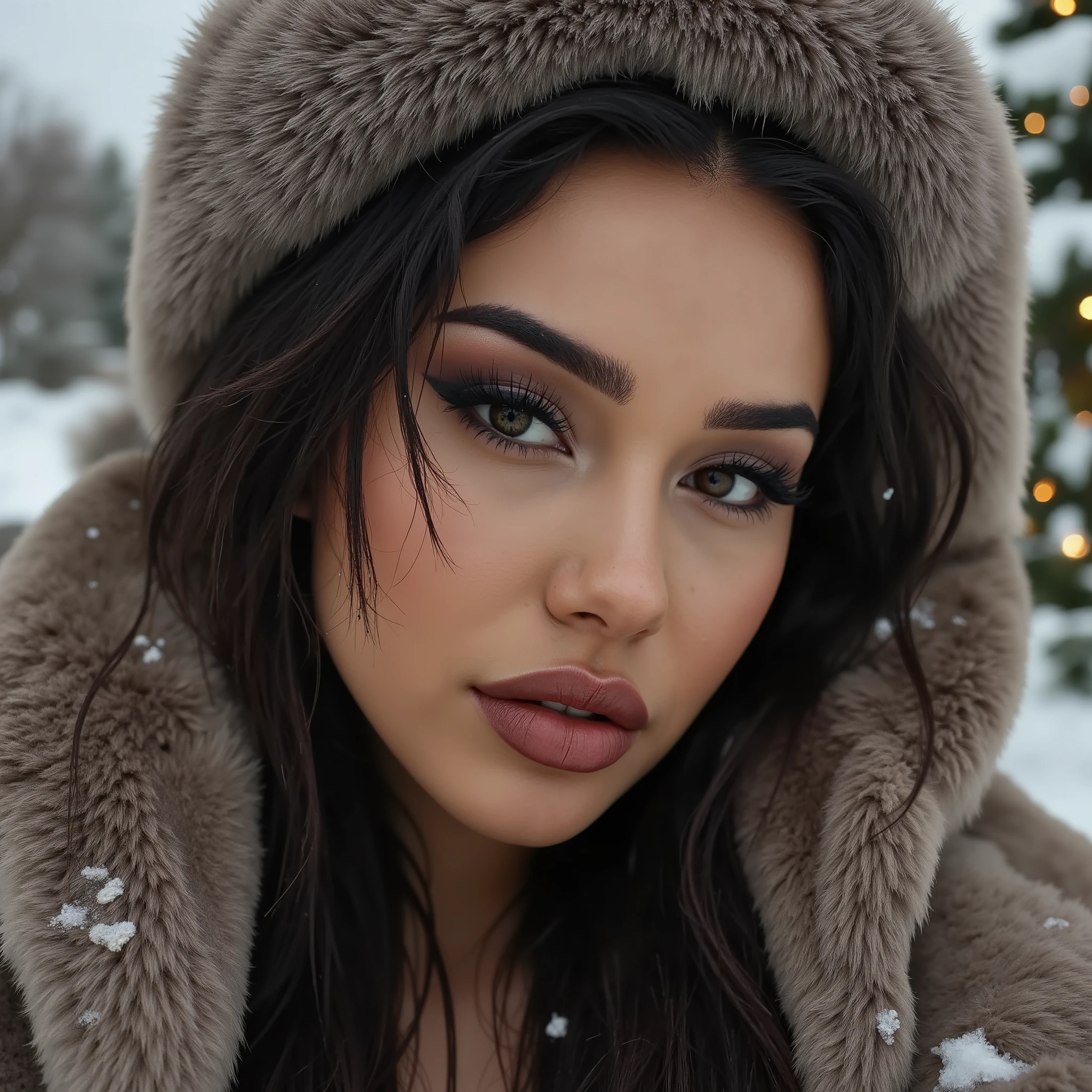 portrait, A female with dark hair and perfect dark eyes, wearing a fur coat and a fur hat, seductive, perfect subtle makeup, snowing, christmas lights, wet gouche, winter
