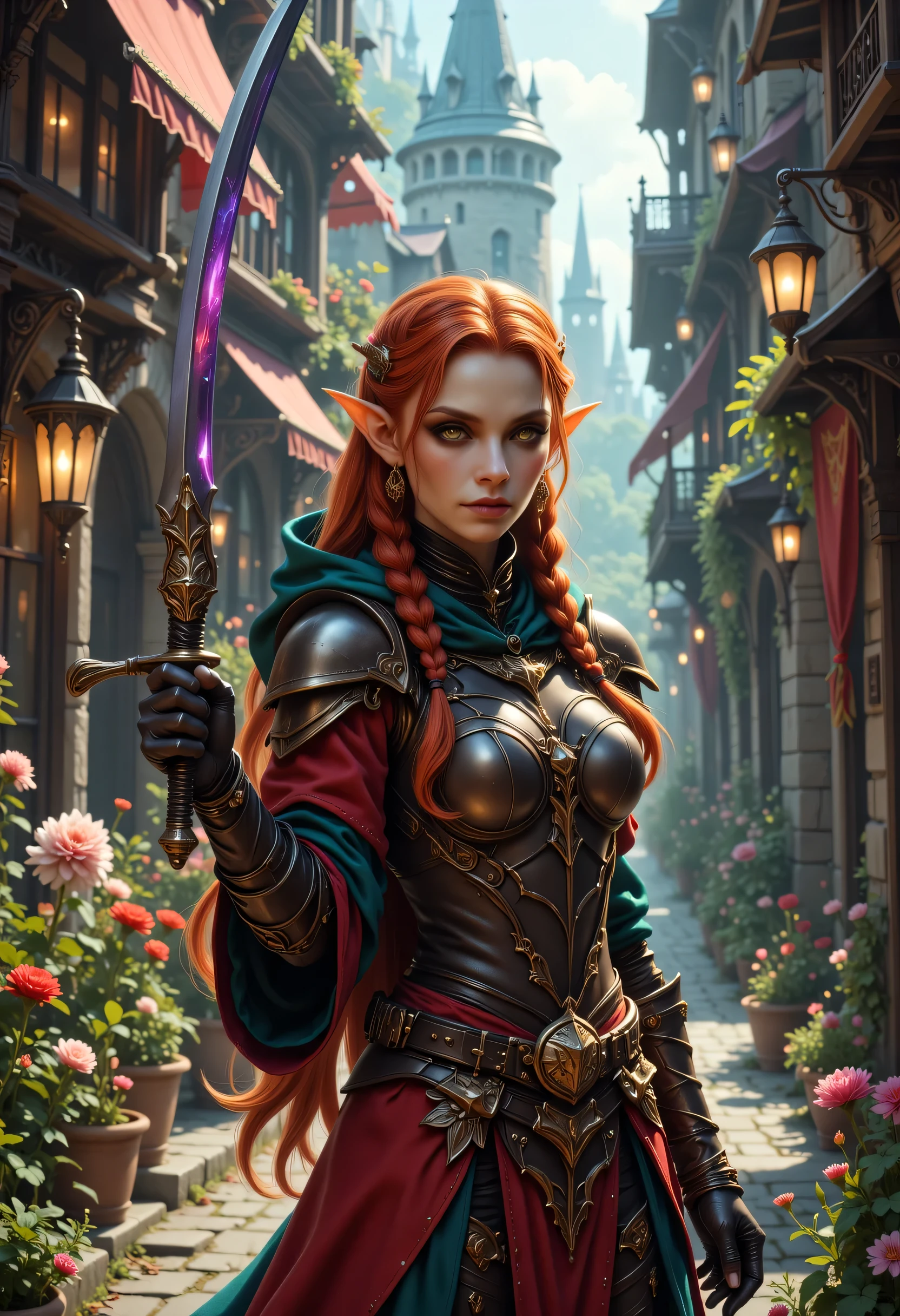 a picture of a female elf, fantasy swashbuckler, fantasy fencer, armed with a slim sword, shinning sword, magical sword, metallic shine, colorful clothes, full body, epic beautiful female elf, red hair, braided hair, small pointed ears, wearing  blue cloak, long cloak, wearing elven leather armor, colorful armor, sense of daring, sense of adventure fantasy street, high details, best quality, 16k, [ultra detailed], masterpiece, best quality, (extremely detailed), dynamic angle, ultra wide shot, photorealistic, RAW, fantasy art, realistic art,((best quality)), ((masterpiece)), (detailed), perfect face, hyp3rd3tail style