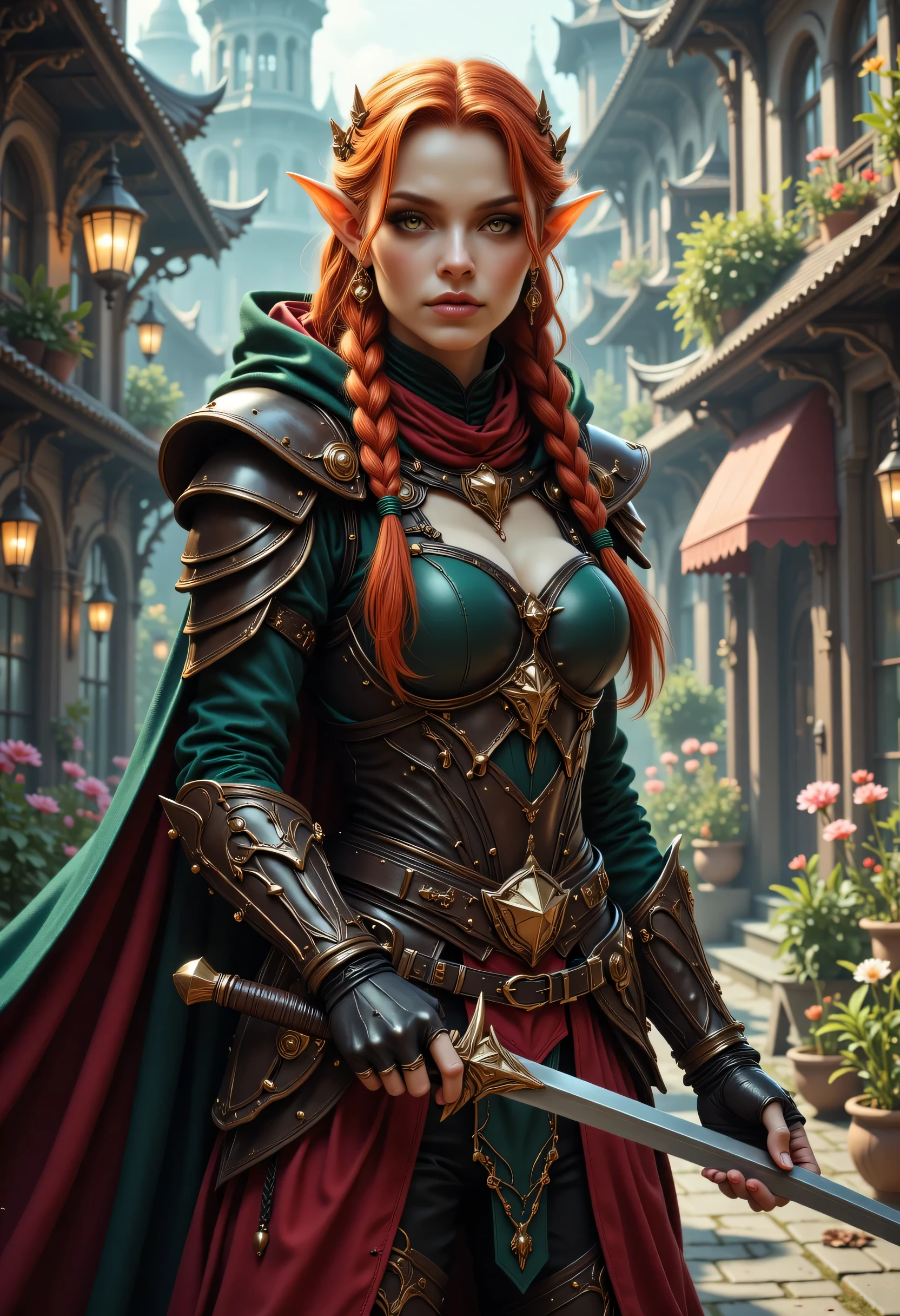 a picture of a female elf, fantasy swashbuckler, fantasy fencer, armed with a slim sword, shinning sword, magical sword, metallic shine, colorful clothes, full body, epic beautiful female elf, red hair, braided hair, small pointed ears, wearing  blue cloak, long cloak, wearing elven leather armor, colorful armor, sense of daring, sense of adventure fantasy street, high details, best quality, 16k, [ultra detailed], masterpiece, best quality, (extremely detailed), dynamic angle, ultra wide shot, photorealistic, RAW, fantasy art, realistic art,((best quality)), ((masterpiece)), (detailed), perfect face, hyp3rd3tail style