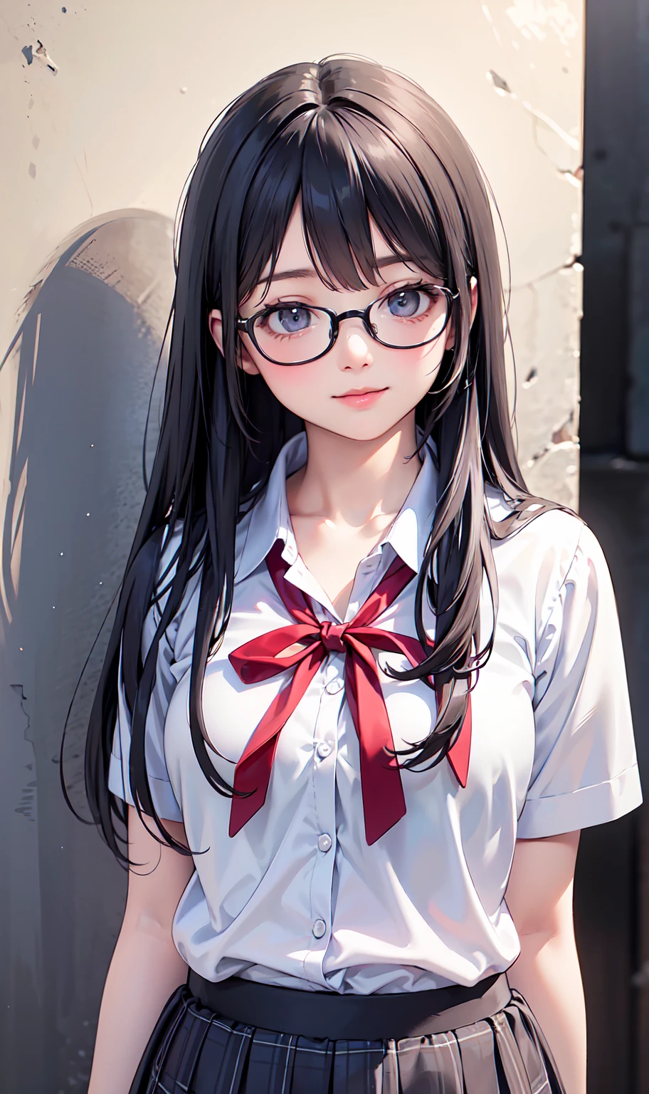 (8k, RAW photo, best quality, masterpiece:1.2), High detail RAW color photo, professional photograph, (realistic, photo realistic:1.37), (best quality:1.2), cinematic light, (finerly detailed face:1.2), (masterpiece:1.5), 1girl, solo, cowboy shot, (upper body:1.2), smiling, stand
BREAK
School uniform, white shirt, ribbon tie, plaid pleated miniskirt, glasses
