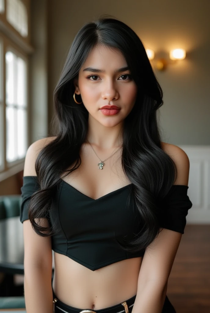arafed woman in a black shirt and white skirt posing for a picture, wearing a black shirt, portrait of modern darna, black top, cindy avelino, wearing a blouse, photoshoot for skincare brand, woman with black hair, wearing a black t-shirt, sophisticated young woman, black shirt, mid shot portrait, black outfit, female with long black wavy hair