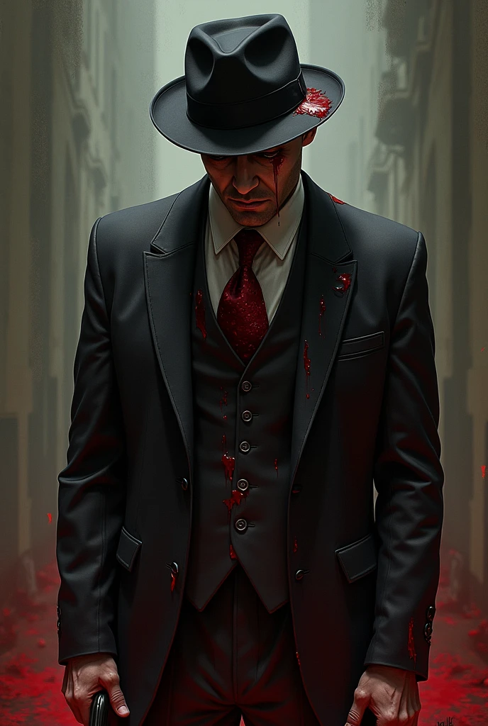 White man in suit with blood, with a black hat with blood covering his mouth