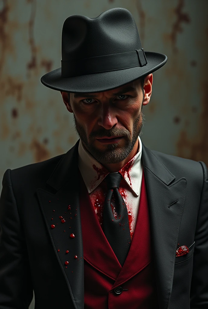 White man in suit with blood, with a black hat with blood on it with the background of Rio de Janeiro