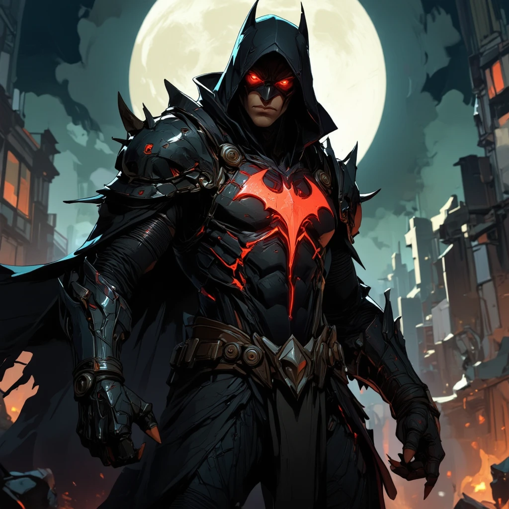 Surreal landscape with a lunar glow, featuring a faceless hooded silhouette, The silhouette is enhanced with glowing glyphs and symbols, emphasized by the character's large hood and long claws, glowing mask, masculine frame, fully clothed, shrouded, darkness, cultist