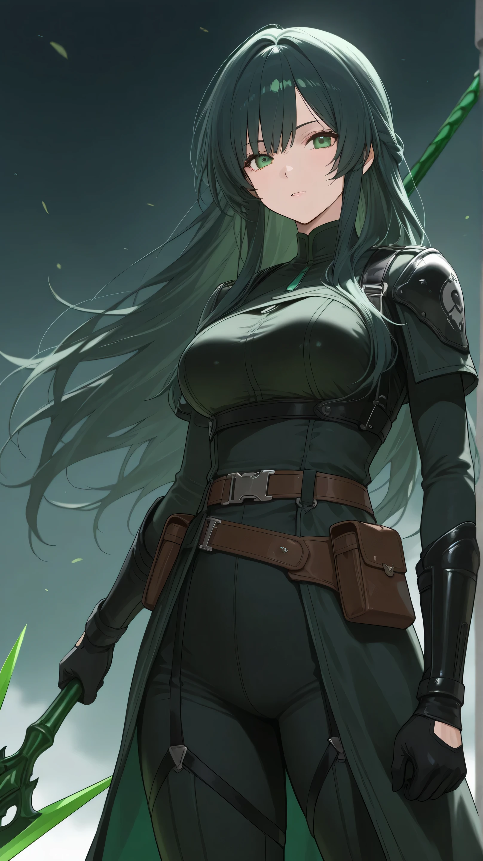 girl ,dark green long hair,green eyes, uses spear front view black clothes
