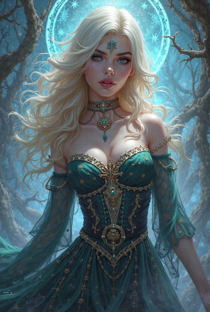 Marika_Elder's Ring. Game, woman, blonde, blonde with a large voluminous braid and hanging curly strands on the sides, a sleeveless black dress with a very deep neckline, a slit on the dress on both legs, a slit on both legs, gold decor on the dress in the form of leaves, the impeccable appearance of a woman , flawless anatomy, , illustration in the style of the game Ring of Elder. Glowing tree Egdrasil background, Dark Fantasy style, --stylize 350, --style raw,
Abaddon and Magali Villeneuve as seen on artgerm, artgerm and gensoman, artgerm comics, Artgerm and the Greek Rutkowski