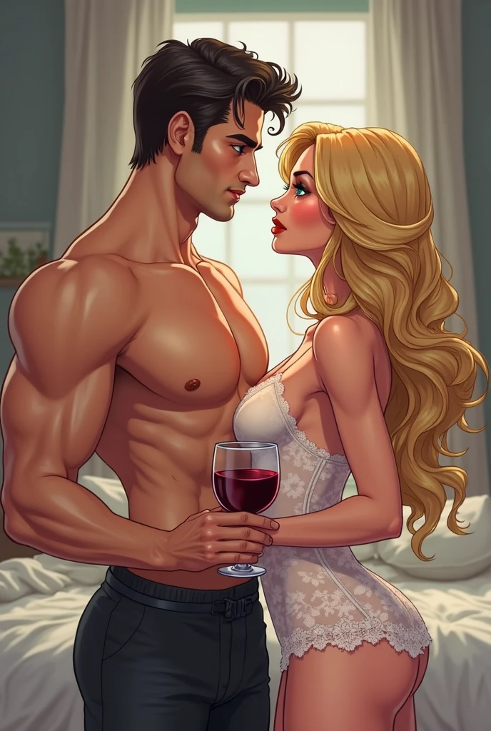 Muscular Handsome European ( tall&==((short-haired))) shirtless barbarian man with beard absolutely surrounded and being hugged and touched by (((three))) sexy women harem girlfriends bitches feeling his muscles and groin, women: long Flowing voluminous hair And curvy bodies with wide hips and nice asses, women wearing robes and underwear in a state of undress for clothes with straps draped on shoulders and waistbands on thighs, nobody looks identical, each person has a unique hair color and race and skin color, three of the hottest women to ever live loving this man, the three women share him as a boyfriend and enjoy helping him feel pleasure together, there are so many gorgeous women are here around this one man, they are desperately close to each other, expressions of ecstasy and joy and love on their faces, wrestling , hugging, tackling, massaging, grinding, Flirtatious, lounging in the fancy parlor room of a fantasy castle with windows, worshipping him, sexual, kissing, sexualized positions, glowing glistening wet skin, tattoos, , jewelry, faces of pleasure and joy, pressing themselves together, romance novel cover poses, women competing for attention , one woman to his right and one woman to his left and one woman behind him, full body shot, (((ONLY ONE MAN))), orgy, if one woman has dark hair then the second one must have red hair and the third have blonde hair. If one is Asian than the other one is European and the third one is Polynesian and the fourth is African, nobody looks at the camera, everybody looks into another person's eyes, some women face Forward while other's face sideways and others face behind but all of them are facing the man