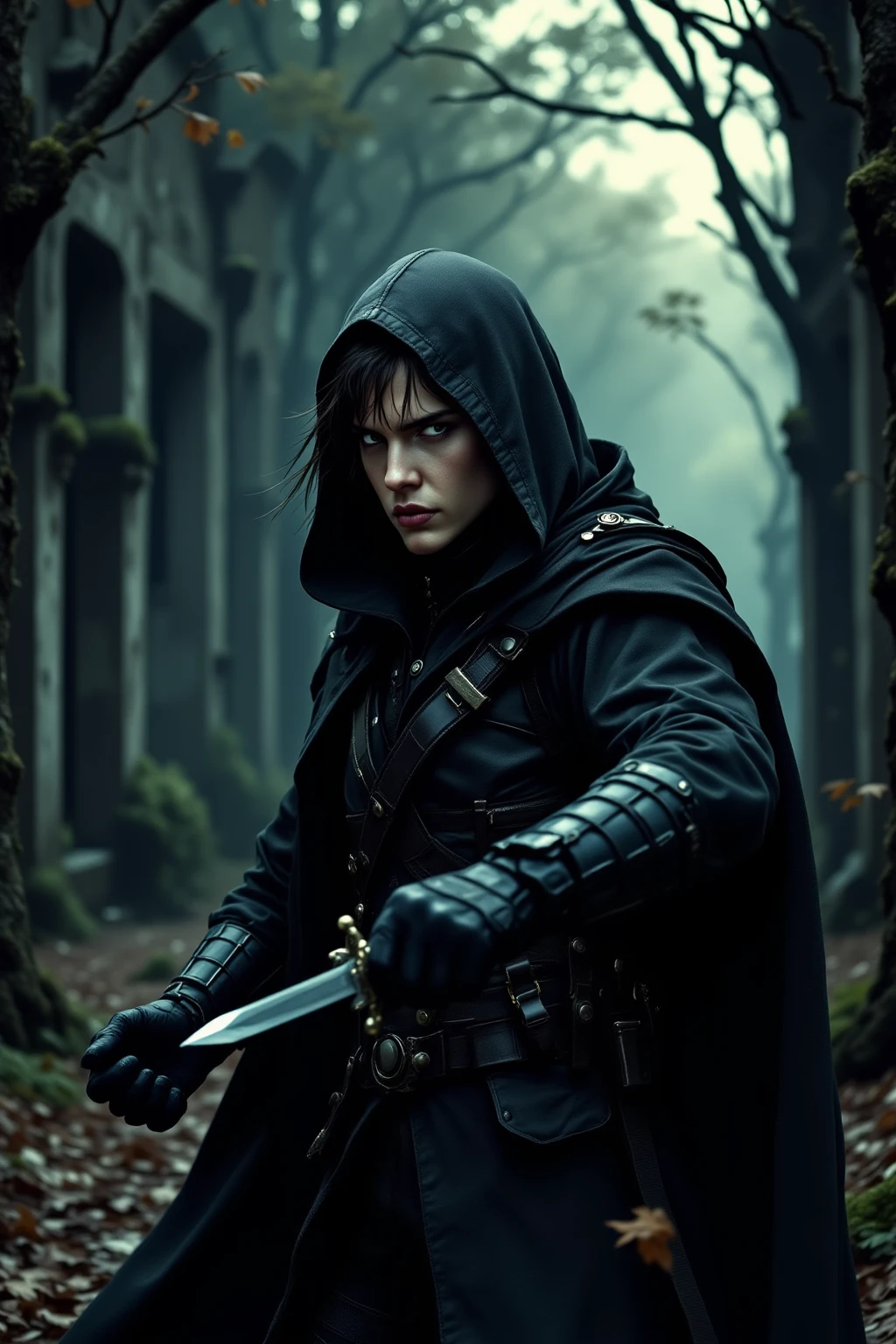 High-definition car park, Wearing a combat suit, holding a dagger, and preparing for a great sword fight move, Realistic and detailed,Professional illustration,Detailed facial features,sharp expression,Focused Posture,Adventurous atmosphere,Dark forest background in ruins,faded texture,Tranquil atmosphere,Dark Colours,Masterpiece,4k High Resolution 