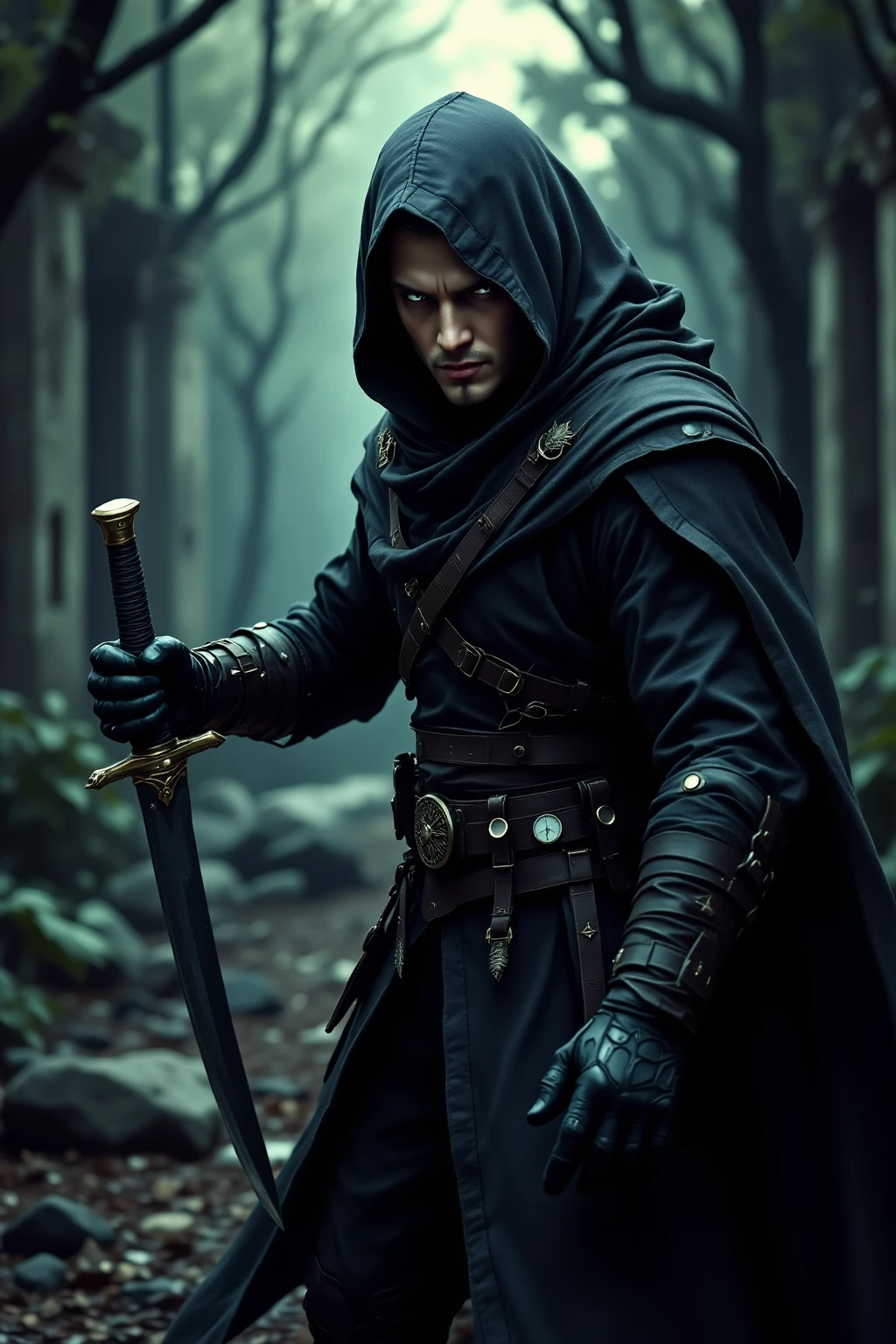 High-definition car park, Wearing a combat suit, holding a dagger, and preparing for a great sword fight move, Realistic and detailed,Professional illustration,Detailed facial features,sharp expression,Focused Posture,Adventurous atmosphere,Dark forest background in ruins,faded texture,Tranquil atmosphere,Dark Colours,Masterpiece,4k High Resolution 