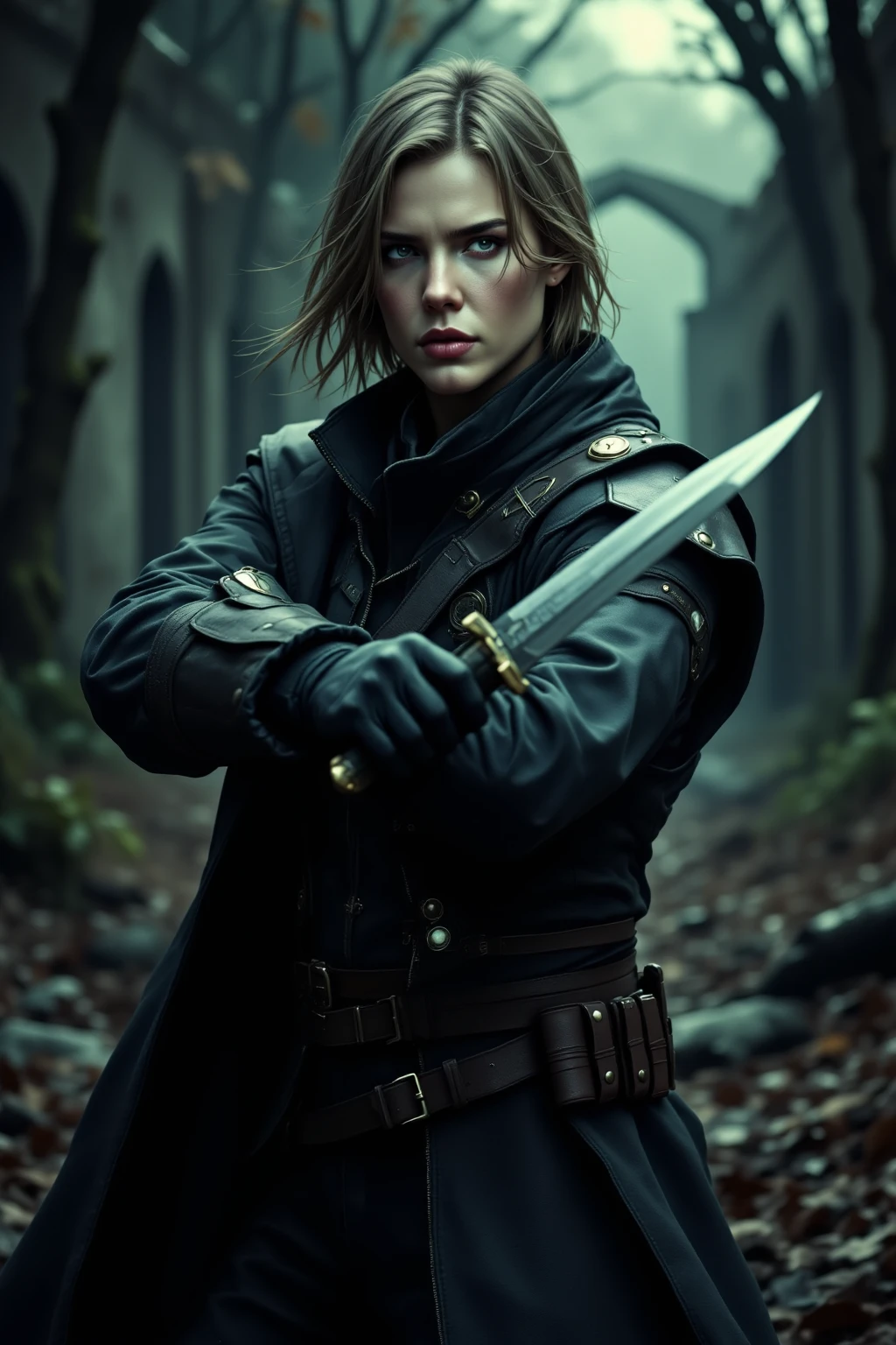 High-definition car park, Wearing a combat suit, holding a dagger, and preparing for a great sword fight move, Realistic and detailed,Professional illustration,Detailed facial features,sharp expression,Focused Posture,Adventurous atmosphere,Dark forest background in ruins,faded texture,Tranquil atmosphere,Dark Colours,Masterpiece,4k High Resolution 